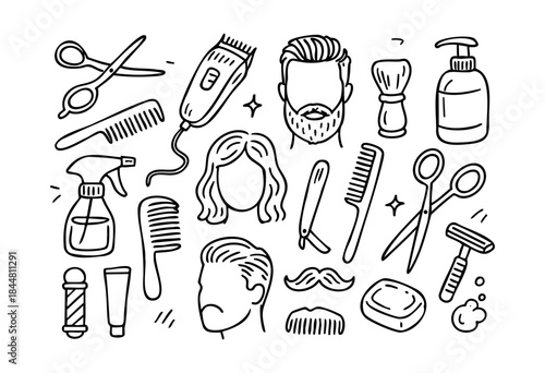 A set of hand-drawn doodle icons depicting barber shop and hairdressing tools, grooming essentials, and hairstyles for both men and women — stock vector.