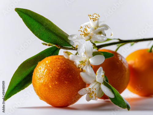Fresh mandarins with white blossoms and green leaves on a clean white background