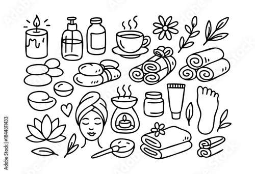 A collection of hand-drawn doodle icons illustrating spa treatments, wellness essentials, and self-care rituals, isolated on a white background — stock vector.