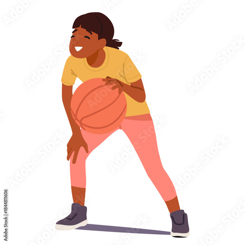 Happy enthusiastic girl child cartoon character dribbling ball preparing for pass playing basketball