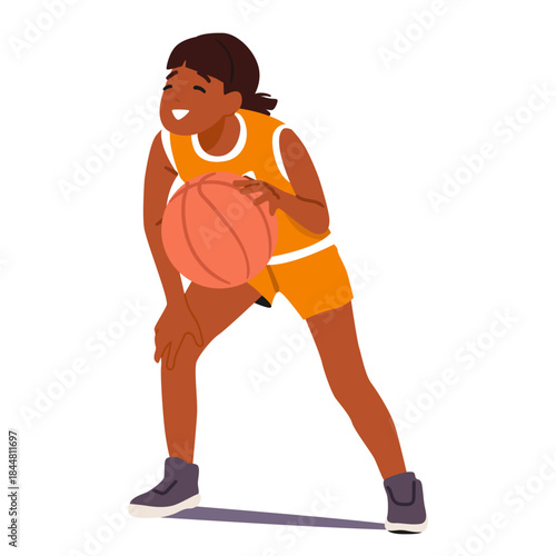 Girl child basketball player cartoon character wearing uniform dribbling ball isolated on white