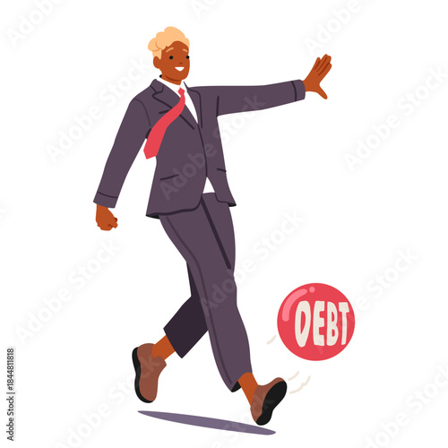 Businessman cartoon character powerfully kicking red fitness ball labeled debt isolated on white