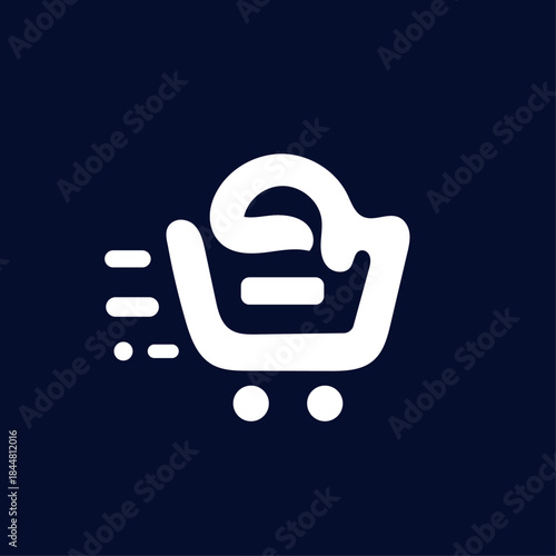 Clean White Dynamic Shopping Cart Logo. Modern Tech E-commerce Mark for Global Fintech Platform, Express Logistics Service, or Digital Retail Solutions.