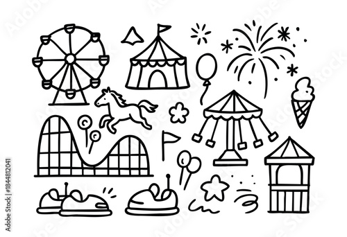 A charming collection of hand-drawn amusement park and carnival elements, including iconic rides, treats, and festive decorations, perfect for playful designs — stock vector.