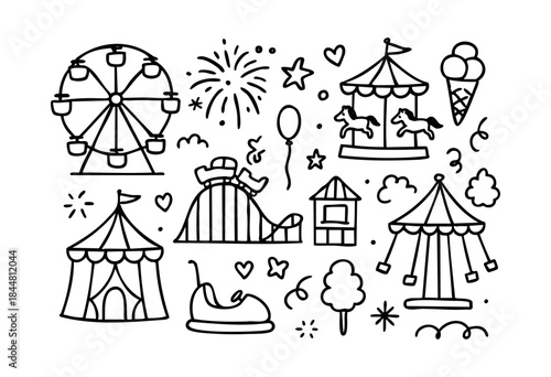A charming collection of hand-drawn black and white doodle icons featuring classic amusement park rides, carnival treats, and celebratory elements like fireworks and balloons — stock vector.