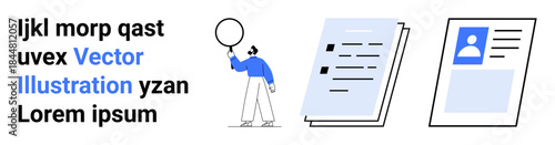 Man holding magnifying glass near stacked documents and user profile card beside sample placeholder text. Ideal for business, research, analysis, presentation, profile design, education, simple