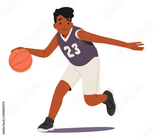 Preteen boy basketball player isolated cartoon character wearing uniform dribbling ball playing game