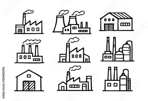 A collection of simple, hand-drawn outline icons representing various industrial buildings like factories, power plants, and warehouses — stock vector.