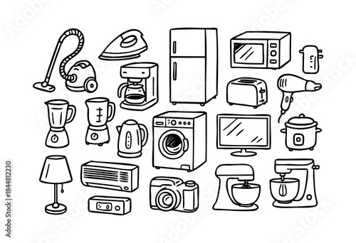 A collection of various essential household appliances and electronics illustrated in a simple black and white doodle style for domestic use and modern living — stock vector.
