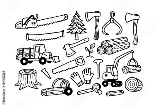 A whimsical collection of hand-drawn doodle style illustrations depicting essential logging tools, forestry equipment, and wood elements on a white background — stock vector.