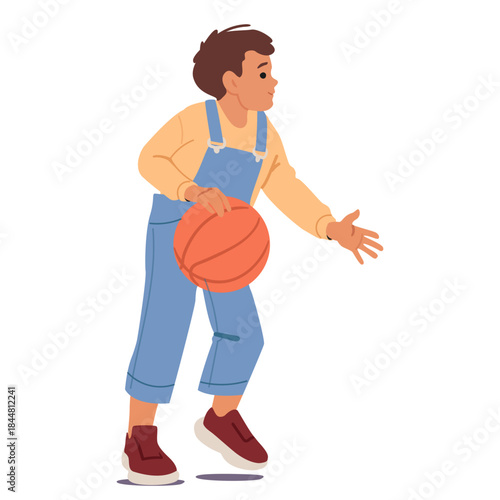 Little boy child cartoon character actively playing with basketball ball practicing skills
