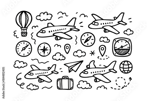 A collection of hand-drawn doodle icons representing travel, aviation, and global adventure, including airplanes, hot air balloons, compasses, and luggage, on a white background — stock vector.