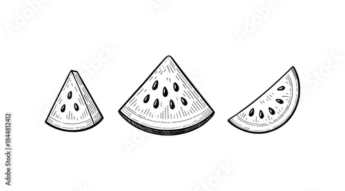 Hand-drawn watermelon slices illustration in black and white on a white background