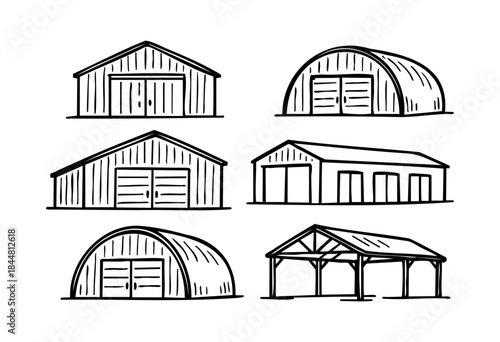 A collection of hand-drawn rustic barn, shed, and agricultural building illustrations in a black outline doodle style on a white background — stock vector.
