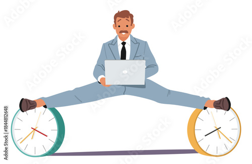 Mature businessman character sitting in transverse split pose on office clock working at laptop