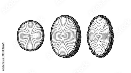 Detailed illustration of three tree cross sections with growth rings