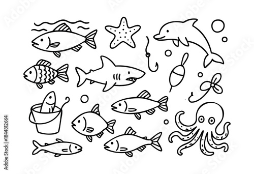 A collection of hand-drawn marine animals and fishing gear in a simple outline style, perfect for children's designs and educational materials — stock vector.