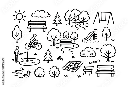 A charming hand-drawn collection of outdoor park elements and leisure activities, featuring trees, benches, playground equipment, and people enjoying nature — stock vector.