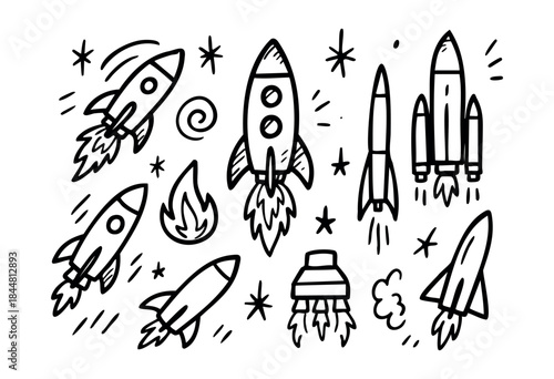 A whimsical collection of hand-drawn rocket ship doodles taking off with stars, flames, and smoke, perfect for space adventure and startup themes — stock vector.