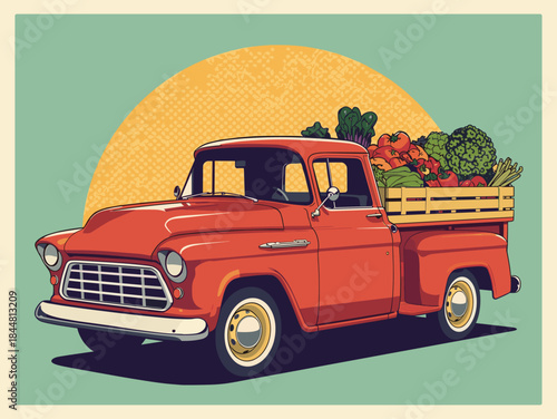 Flat Retro truck loaded with fresh vegetables farm vector