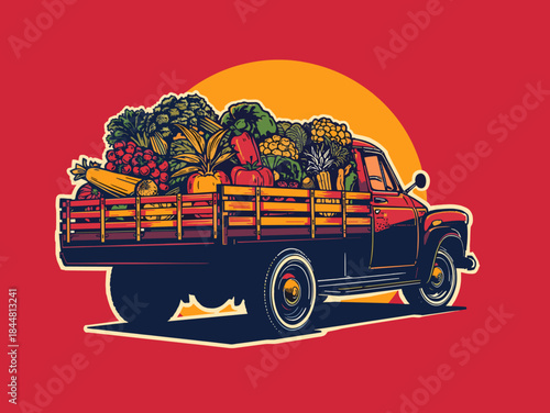 Flat Retro truck loaded with fresh vegetables farm vector