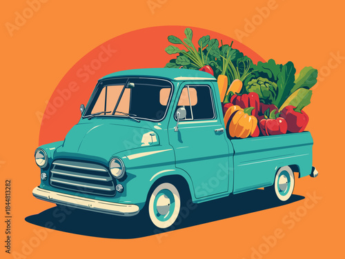 Flat Retro truck loaded with fresh vegetables farm vector