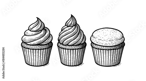 Detailed black and white illustration of three delicious cupcakes