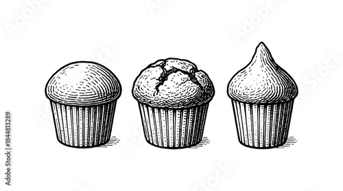Engraved illustration of three different muffins on a white background