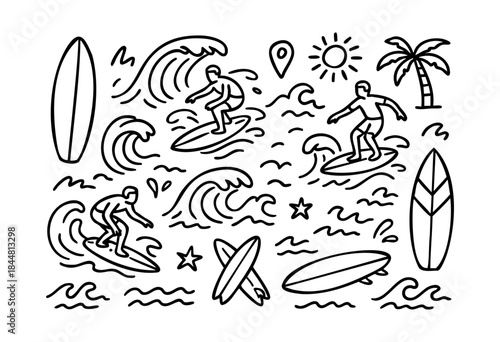 A playful monoline illustration depicting surfers riding ocean waves, along with various surfboards, a palm tree, and sun elements, on a white background — stock vector.