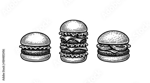 Hand-drawn burger illustrations in black and white, perfect for food-related projects