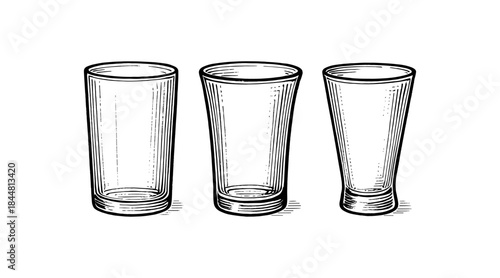 Engraved illustration of three empty drinking glasses on white background