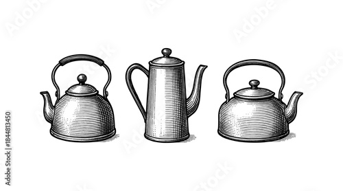 Vintage kettle illustrations in a detailed engraved style, perfect for retro designs