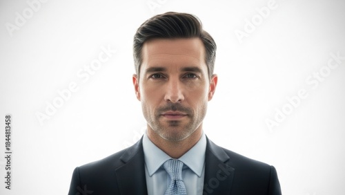Confident caucasian male adult in suit with light background