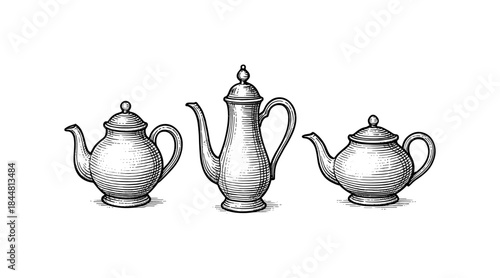 Vintage Teapots Illustration: Detailed Engraving of Three Antique Vessels