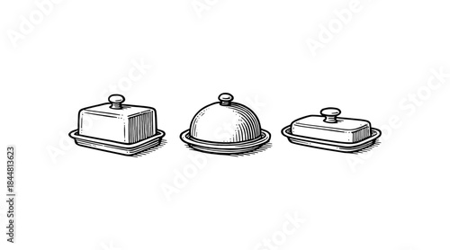 Vintage butter dishes illustration in black and white, perfect for design