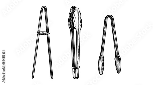 Vintage illustration of three different kitchen tongs on white background