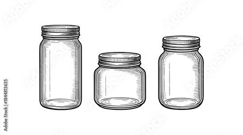 Detailed line art illustration of three empty mason jars on a white background
