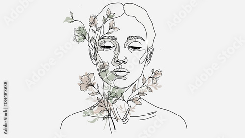 Elegant continuous line art portrait of a woman intertwined with pastel botanical elements.