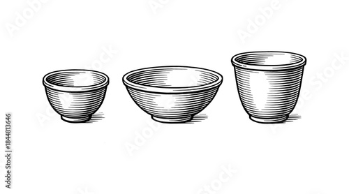 Engraved bowls illustration in black and white on a clean white background