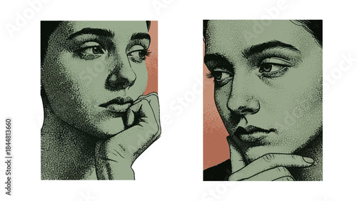 Halftone illustration of two contemplative figures, stylized in a vintage screen-print texture.
