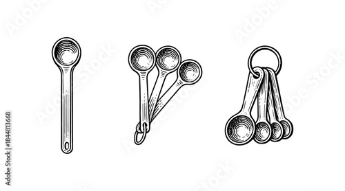 Vintage measuring spoons illustration in black and white on a white background