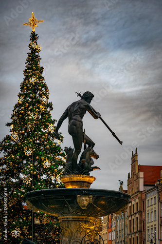 Fountain of Neptune and Christmas Tree in Gdansk, Poland
