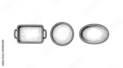 Engraved trays in three shapes: rectangular, round, and oval, on white background