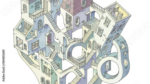 Whimsical watercolor illustration of an infinite, paradoxical staircase and complex geometric architecture.