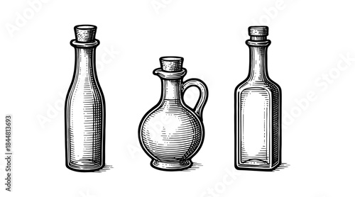 Vintage Illustration of Olive Oil Bottles in Engraved Style