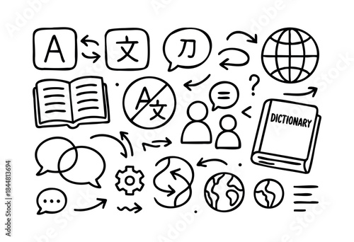 A comprehensive collection of hand-drawn doodle icons representing language translation, global communication, learning, and linguistic services in a black and white sketch style — stock vector.