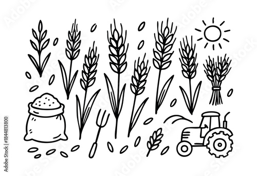 A collection of hand-drawn doodle style agricultural elements, including wheat stalks, grains, a sack, tractor, sun, and farming tools, on a white background — stock vector.