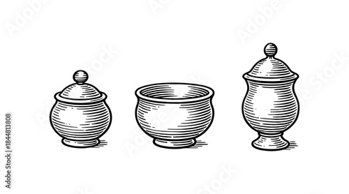 Vintage hand-drawn illustration of three decorative ceramic vessels