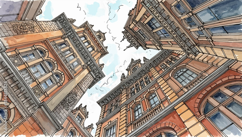 Dramatic low angle view of classic European facades rendered in watercolor and ink.