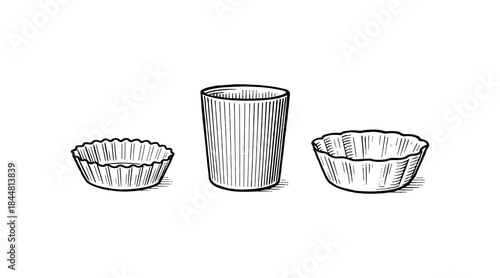 Vintage illustration of a glass and two decorative bowls on white background
